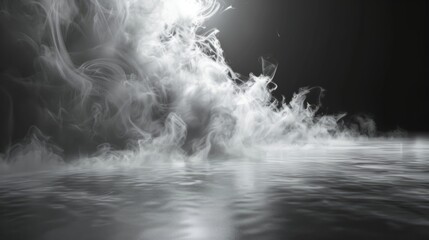 Mystical mist. Swirling smoke in dark and light symphony. Fluid fantasia. Abstract dance of fog and light on floor with black background hyper realistic  - obrazy, fototapety, plakaty