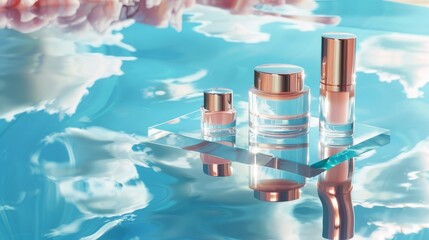 A crisp clear pool reflects the sky above creating a dreamy setting for a stunning cosmetic collection. The glistening surface adds . .