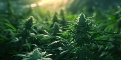 Fototapeta na wymiar Indoor Cannabis Farming: Cultivated Marijuana Plants Under Specialized Lighting