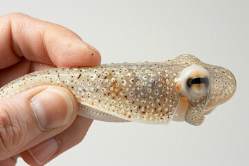 Hand holding squid isolate on gray, conservation environment