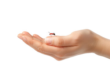 Hand holding red ant isolated on gray background