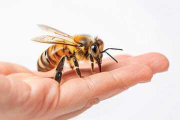 Hand holding bee isolated on gray background, animal and food