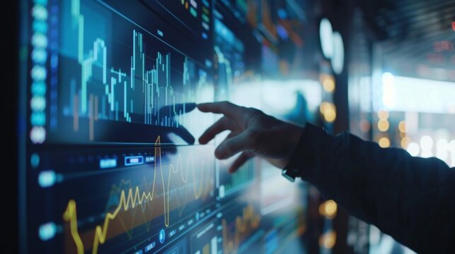 This image features a skilled digital innovator arms gesturing towards a projected screen displaying a graph showcasing the significant growth and success driven by their innovative .