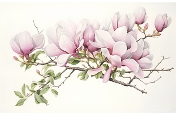 Magnolia flowers. Hand-drawn watercolor illustration on white background.