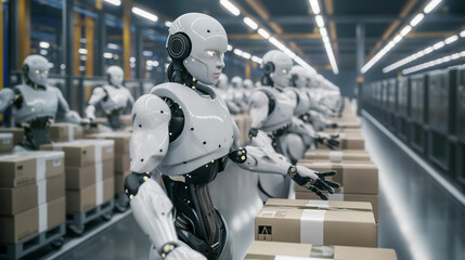 The future of manufacturing Factory floor with automated robots AI-powered job migration, AI impact, sovereignty, robots working in factories. Signaling changes in the number of employees in the futur