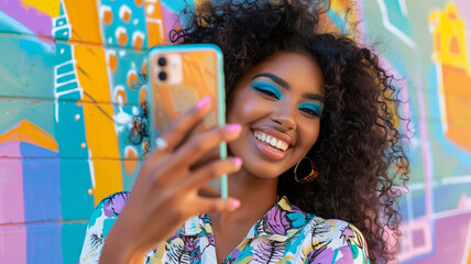 Joyful Woman Using Smartphone by Colorful Graffiti