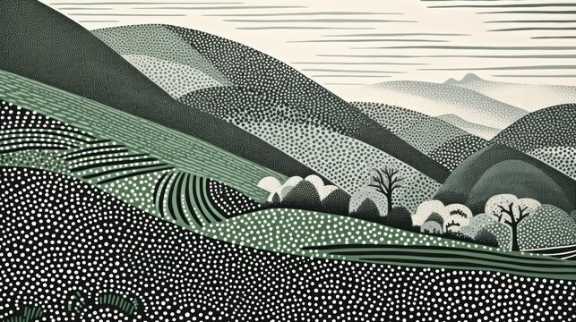 Dots and lines - stylized landscape image of rolling hills in spring green