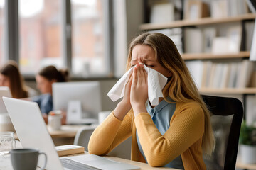 Young woman suffering from runny nose or nasal blocking. Common cold or flu patient with rhinitis - obrazy, fototapety, plakaty
