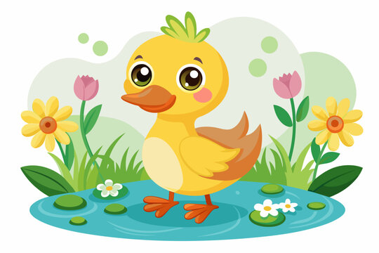 A charming cartoon duck adorned with colorful flowers against a white backdrop