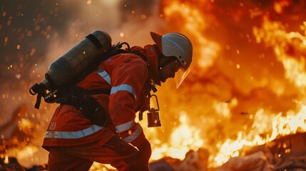 With flames roaring in the background a paramedic works to safely extract a victim from a burning building putting their own life at risk to save others in peril. . - obrazy, fototapety, plakaty