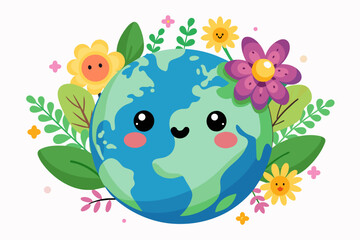 Charming earth cartoon adorned with vibrant flowers against a white backdrop.