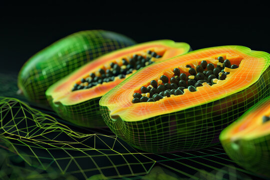3d rendering of a papaya fruit with a green peel and orange flesh.