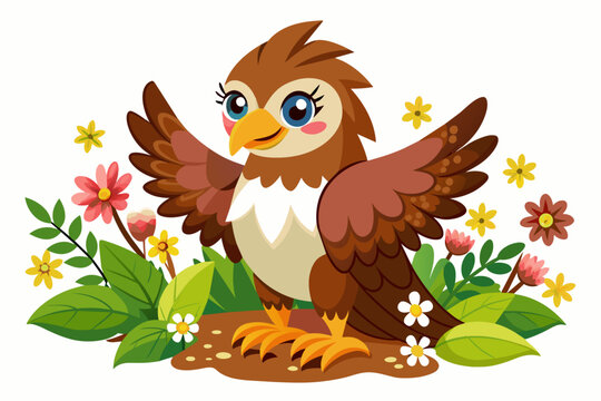 Charming cartoon eagle with flowers, a cute and whimsical image.