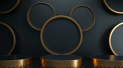 An elegant podium featuring intricate golden circles on a dark background inspired by opulent 1920s and 1930s design. The circles . .