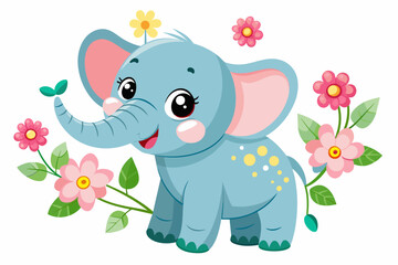Naklejka premium Charming elephant cartoon with bright flowers adorning its head.
