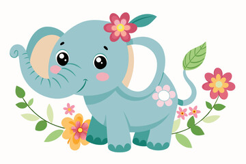 An adorable cartoon elephant adorned with vibrant flowers exudes charm.
