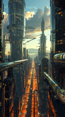 Sci-Fi Cityscape: A Futuristic Cityscape with Skyscrapers and Futuristic Transportation, Symbolizing Progress