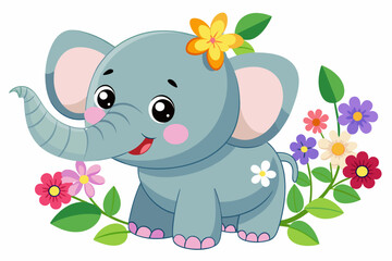 Obraz na płótnie Canvas Charming cartoon elephant adorned with colorful flowers, spreading joy and whimsical delight.