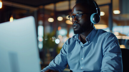 Man with Headphones Using Laptop