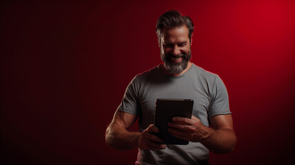 Man Smiling with Tablet on Red Background