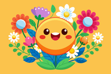 A charming emoticon surrounded by colorful flowers on a vibrant background.