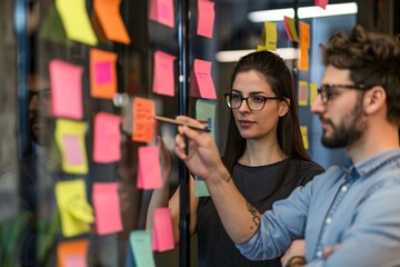 business people are sticking notes on glass wall. concept of managing strategy in company. ai generative