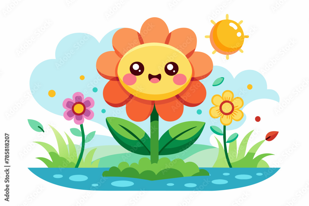 Sticker This charming flat design cartoon depicts vibrant flowers in a playful and whimsical style.