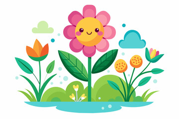 Flat design flower cartoon with charming flowers