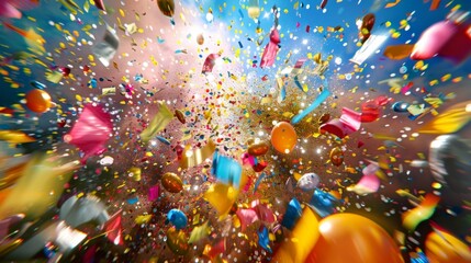 A playful and colorful explosion as confetti cannons erupt signaling the start of a joyous celebration - obrazy, fototapety, plakaty