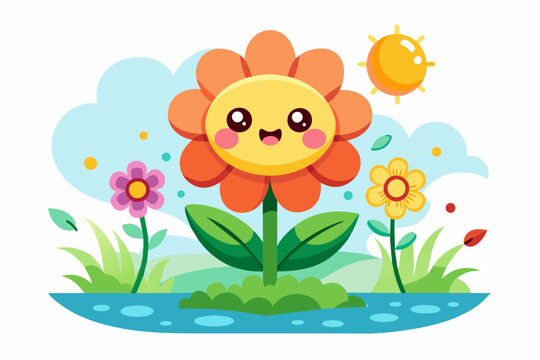 This charming flat design cartoon depicts vibrant flowers in a playful and whimsical style.
