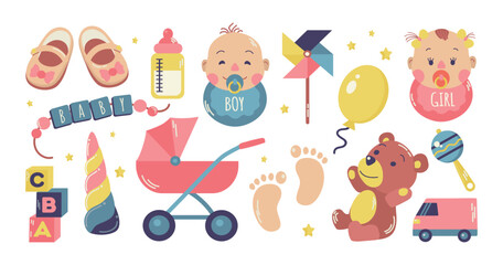 Obraz na płótnie Canvas Cute newborn accessories items toys vector set isolated icon clipart illustration