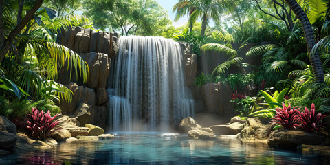 Tropical Waterfall Oasis: A Hidden Waterfall in a Tropical Oasis, Conveying Serenity and Adventure 