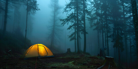 tent in the forest - obrazy, fototapety, plakaty