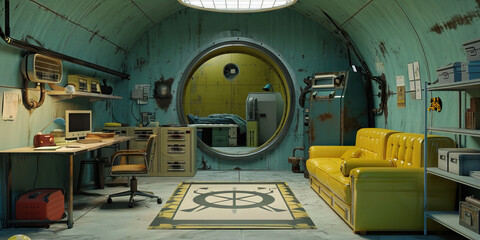 Nuclear Fallout Bunker: A Fallout Shelter-style Interior with Fallout Survival Equipment, Eliciting Post-apocalyptic Themes