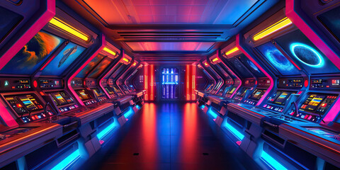Fototapeta premium Interstellar Spacecraft Bridge: A Spacecraft-themed Interior with Control Panels and Galactic Views, Emanating Cosmic Adventure