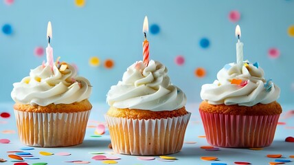 Cheerful birthday cupcakes with white frosting and bright candles, simple and feminine