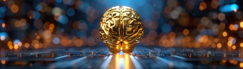 Golden brain with neural networks illuminated, symbolizing the cognitive processes involved in research and discovery - obrazy, fototapety, plakaty