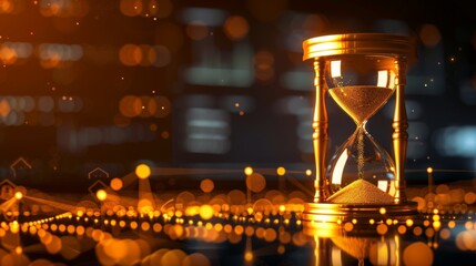 Golden hourglass with digital sand flowing through it, representing the timelessness of knowledge and the ongoing pursuit of research - obrazy, fototapety, plakaty