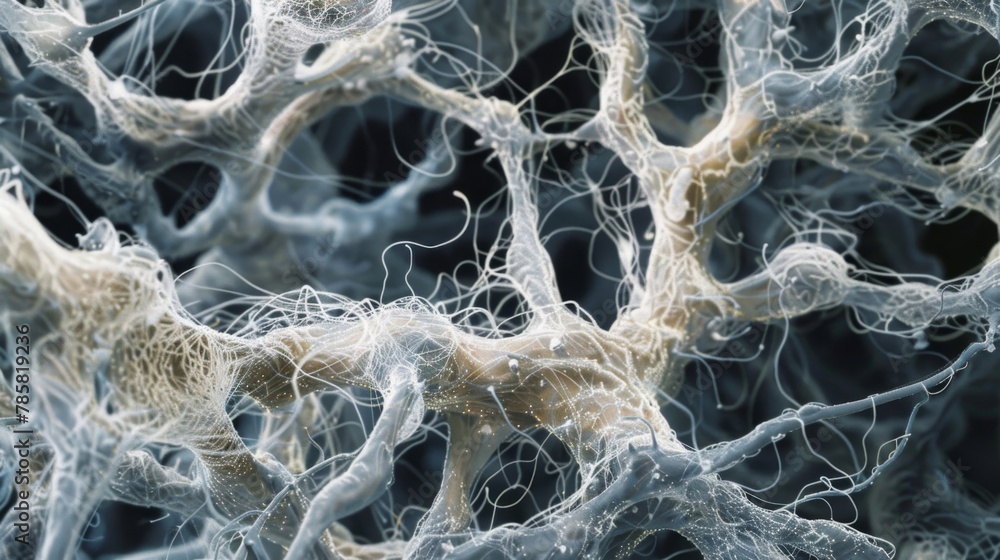 Poster an electron microscope image of intertwined fungal hyphae highlighting the hidden and interconnected
