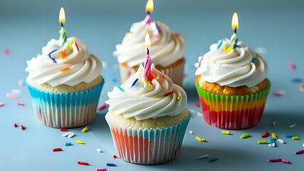 Pastel colored cupcakes with birthday candles, simple and feminine