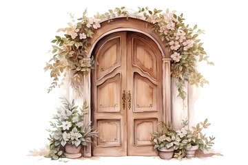 Hand drawn watercolor illustration of old wooden door decorated with flowers and leaves