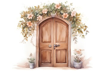 Wooden door with flowers. Watercolor hand drawn illustration on white background
