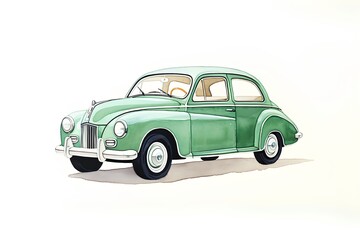 Vintage green car on white background. Hand drawn watercolor illustration