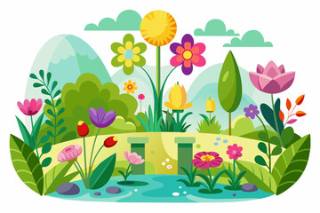 Charming garden with vibrant flowers blooming against a crisp white background.