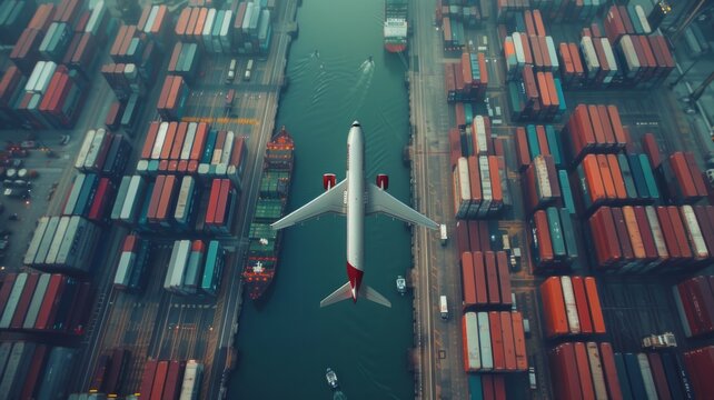 Aerial view of airplane above shipping port - A bird-eye view capturing a commercial plane flying over a bustling shipping container port at dusk