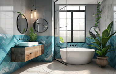 3d rendering of modern bathroom with blue herringbone tiles and black metal frame glass door to the white wooden floor