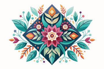 Fototapeta na wymiar Geometric shapes in vibrant colors bloom with intricate floral patterns against a pristine white backdrop.