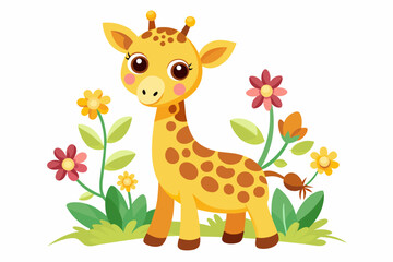 Charming cartoon giraffe adorned with colorful flowers