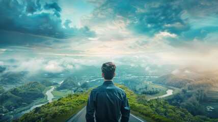 Man before scenic mountainous landscape - A lone man stands facing a sweeping view of mountains under an ethereal cloud-filled sky