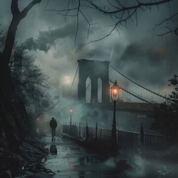 Eerie Brooklyn Bridge in foggy twilight with lone figure - A dramatic and moody image of the Brooklyn Bridge in thick fog with a single person walking, highlighting solitude in an urban environment